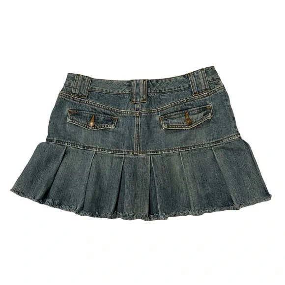 Y2k American Eagle Distressed Micro Denim Pleated Mini Skirt Fringe Hem, Sz 6 - Picture 5 of 14